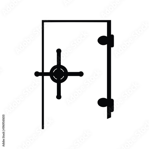 Black and white illustration of an open bank vault door security concept