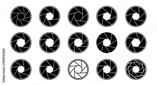 Camera shutter icons set with black and white designs, various styles and line art featuring design, graphic, illustration with photography and