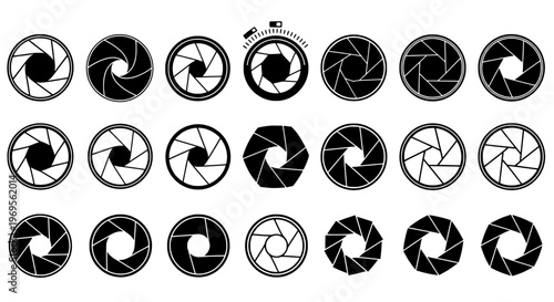 Camera shutter icons set with black and white designs, various styles and shapes, photography symbols.