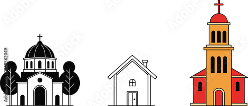 Colorful Line Art Illustrations of Churches with Crosses, Domes, and Bell Towers for Religious and Architectural Design Concepts