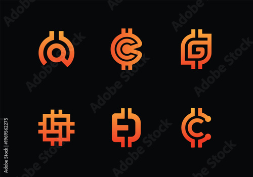 Crypto Letter Logo Bundle, Blockchain Alphabet Branding Collection