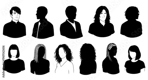 Silhouettes of diverse people with various hairstyles and expressions, representing individuality and community in a modern artistic style.