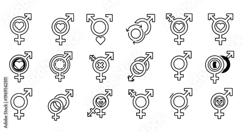 Symbols gender diverse set with various designs and styles featuring LGBTQ, transgender, non-binary with inclusive and equality elements for pride,