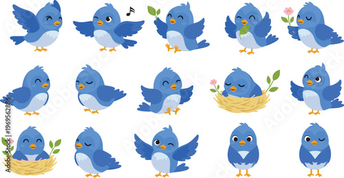 Flat vector collection of cute blue bird character mascots in various poses including flying, singing, nesting, and holding flowers on white background.