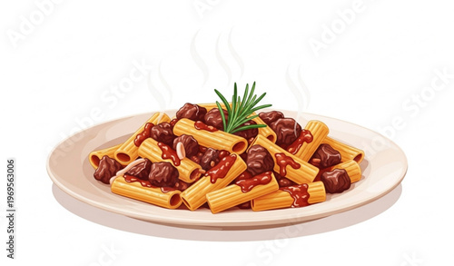 Steaming zita tagliata pasta with beef Genovese sauce and rosemary garnish on white background vector illustration