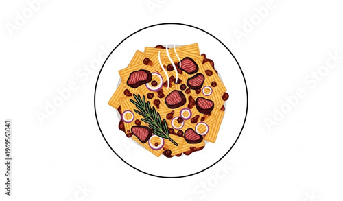 Top view zita tagliata pasta with Genovese beef sauce and rosemary garnish minimal vector illustration