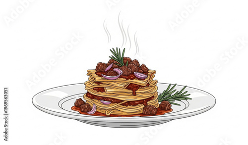 Elegant plated zita tagliata pasta with beef onion Genovese sauce steam and rosemary vector design