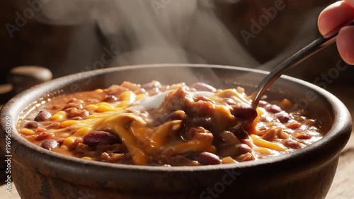 Close-up of a steaming bowl of chili with cheese and sour cream being stirred and served, showcasing the rich texture and warmth of the hearty meal.