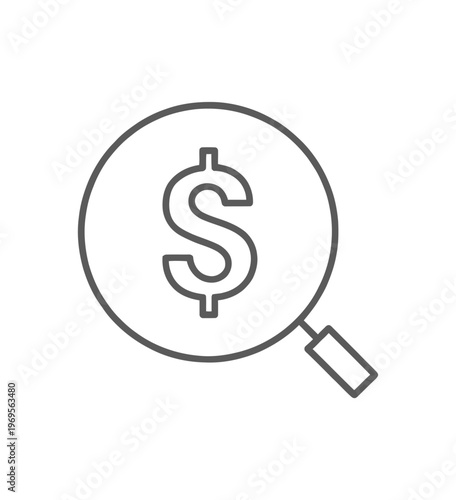 Magnifying glass closely examines a dollar sign symbol.