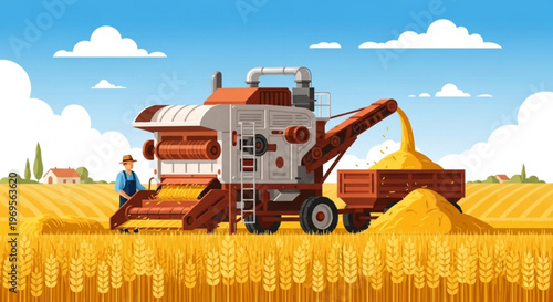 Combine Harvester Harvesting Wheat Agricultural Machine Farming Illustration