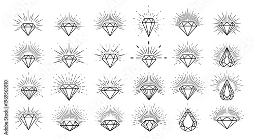 Diamonds line art set with sunburst rays, geometric gemstone icons and emblem designs featuring diamond, jewel, gem with precious and luxury elements