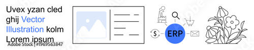 Business management, technology integration, enterprise software, workflow tools, data analysis, strategic planning. Visual shows ERP icon, interconnected systems and process graphics. Business