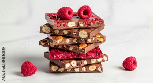Chocolate nut bars with raspberry topping.