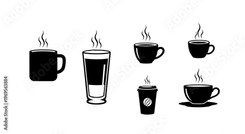 Cup coffee set with various styles and steam rising from each one, including mugs, glasses, and to-go cups.