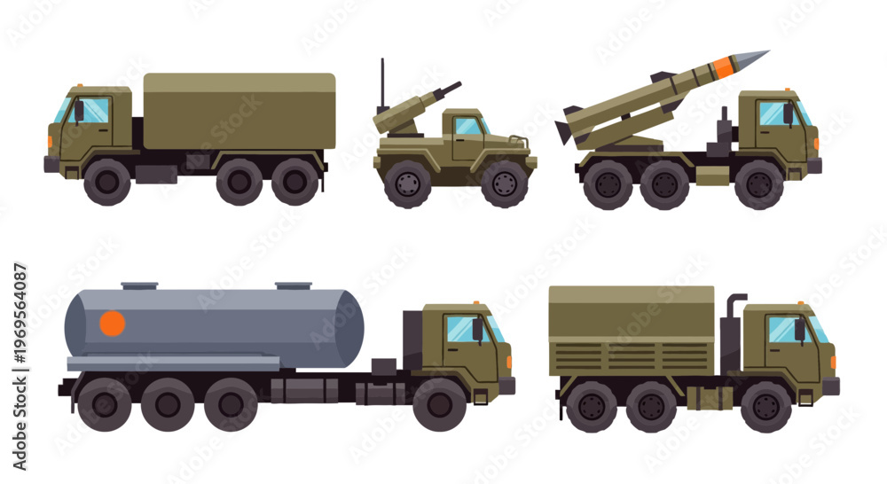 Fototapeta premium Military Vehicles Vector Set Collection, Army Trucks, Missile Launcher, and Logistics Fuel Tanker in Flat Style Isolated on White Background.