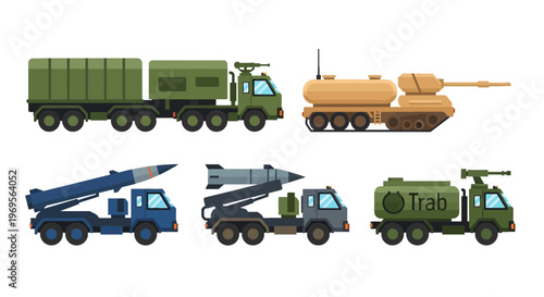 Set of Military Vehicles Vector Illustration, Mobile Missile Launcher Trucks, Artillery, and Logistics Tankers in Flat Design Style.