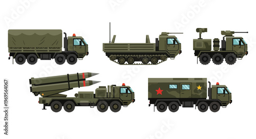 Military Vehicle Vector Set, Missile Launcher Truck, Armored Fighting Vehicles, and Army Logistics Transport in Flat Design Style.