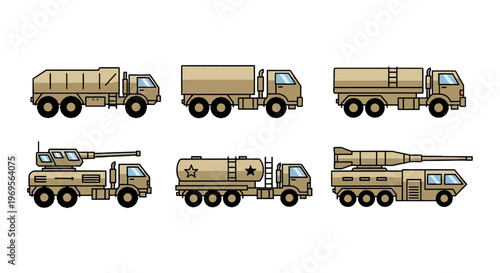 Military Vehicle Vector Icon Set, Army Trucks, Fuel Tanker, and Missile Launcher in Flat Design Style Isolated on White Background.