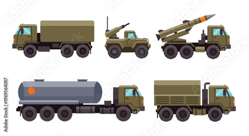 Military Vehicles Vector Set Collection, Army Trucks, Missile Launcher, and Logistics Fuel Tanker in Flat Style Isolated on White Background.