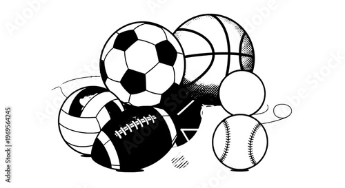 Balls sports collection with soccer, basketball, football, volleyball, and baseball for game featuring games, competition, teamwork with athletics
