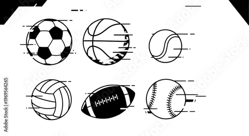 Balls sport icon set with motion lines, including soccer, basketball, tennis, volleyball, football, and baseball.