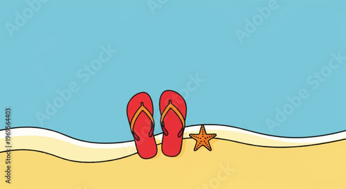 Red flip flops, starfish on beach, summer vacation, sandals