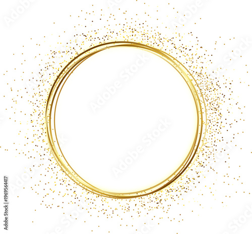 金色のグリッターパーティクルが広がる高級感あふれる円形ゴールドフレーム背景素材、輝く粒子とラグジュアリーリングで囲まれたエレガントなコピースペースデザイン