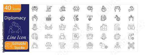 Diplomacy Icons Set, International Relations, Negotiation, Peace Agreement, Global Cooperation, Political Strategy, Editable Stroke Vector Illustration.