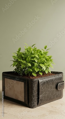 Small green plant in leather planter.