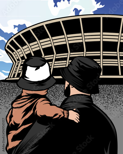a father and son are in front of the stadium to watch the match day ultras casual hooligan football fans sticker vector design