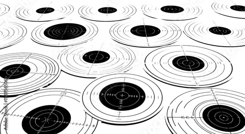 Targets circular shooting collection with black center circles and white rings, perspective view featuring target, bullseye, aim with sport and