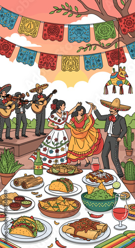 A vibrant Mexican fiesta scene with mariachi music, traditional dancing, and a lavish spread of authentic Mexican food under colorful banners.