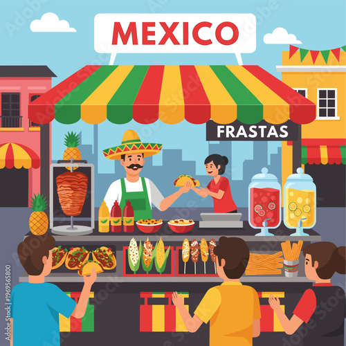 Vibrant Mexican street food stall with diverse offerings and happy customers enjoying the festive atmosphere.