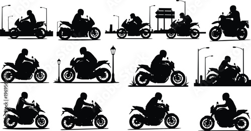 Motorcycle rider silhouette collection featuring sport bikes on urban streets with streetlights, dynamic poses, modern transport concept, black vector illustration isolated on white background