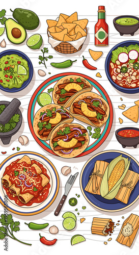A vibrant overhead view of a table laden with a colorful assortment of authentic Mexican dishes and ingredients, showcasing a culinary celebration.
