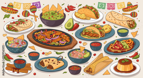 A vibrant overhead illustration showcasing a diverse spread of traditional Mexican dishes including tacos, burritos, fajitas, guacamole, ceviche, and flan, surrounded by festive decorations.