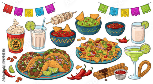 A vibrant spread of traditional Mexican cuisine and beverages, featuring tacos, nachos, guacamole, salsa, churros, margaritas, and horchata, set against a festive backdrop.