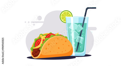 A delicious taco filled with meat, lettuce, cheese, and tomatoes, served alongside a refreshing glass of iced lime drink with a straw.