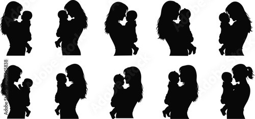 PrintSilhouette Set of a Mother Holding Her Newborn Baby with Love and Care, Ideal for Mother’s Day, Parenting, Family Bonding, and Maternity Projects.