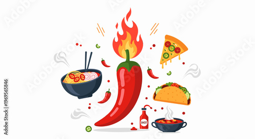Vibrant illustration of a flaming red chili pepper surrounded by various spicy dishes and hot sauce, depicting a love for fiery food.