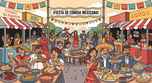 Vibrant Mexican food festival scene with families enjoying traditional dishes and live music under colorful banners.