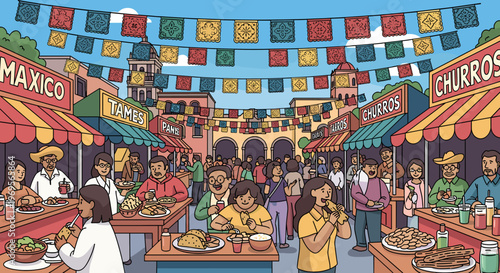 A vibrant Mexican street fair bustling with people enjoying traditional food and festive decorations under a bright blue sky.