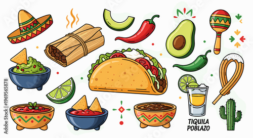Vibrant illustration of Mexican food and cultural elements, including tacos, guacamole, salsa, tamales, churros, and tequila.