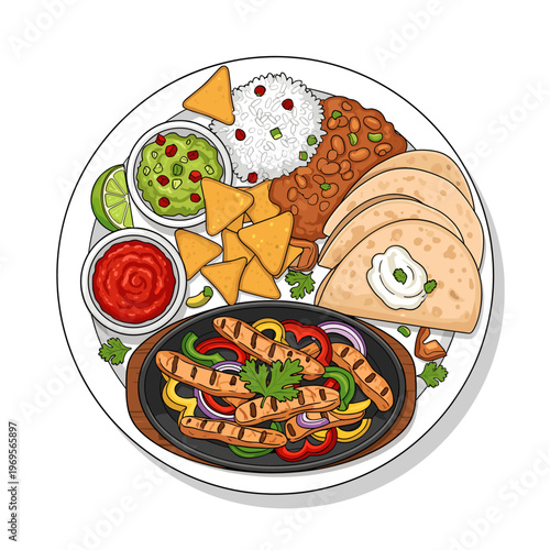 A vibrant overhead view of a delicious Mexican fajita platter, complete with grilled chicken, colorful bell peppers, onions, tortillas, rice, beans, guacamole, salsa, and tortilla chips.