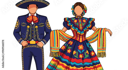 Illustration of a man and woman in traditional Mexican folk dance attire, featuring a mariachi suit and a vibrant embroidered dress with a colorful shawl.