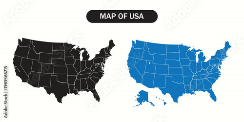 Black silhouette map of USA with states outline, clean vector style, isolated background