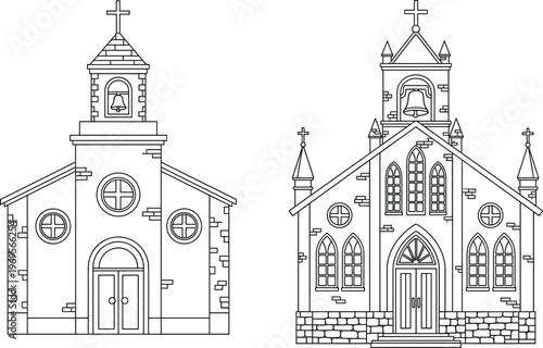 Line Art Illustrations of Churches with Bell Towers and Crosses for Religious Architecture and Building Concepts