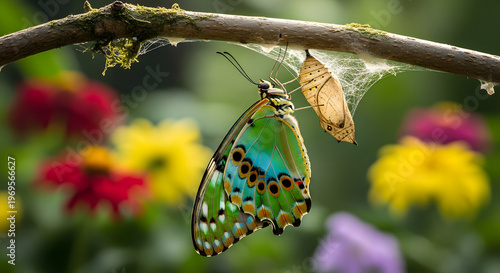 A butterfly that has just emerged from a green chrysalis symbolizes metamorphosis and the life cycle, the transformation of nature, and the concept of evolution. AI generated.