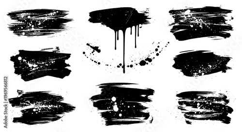 Brush stroke and drip paint elements set with splatter effects, black grunge textures... featuring ink, texture, dirty with distressed and artistic