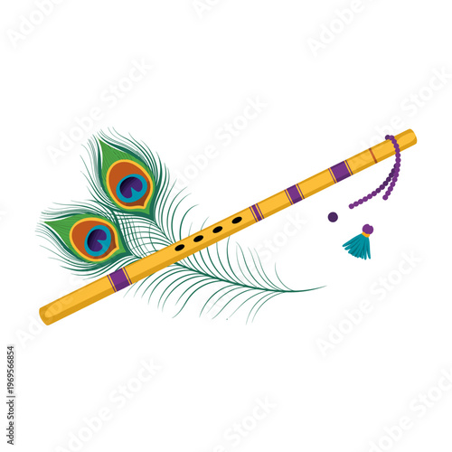 Krishna Flute with Peacock Feather Indian Spiritual Symbol Illustration, Vishu Festival, Janmashtami, Hindu Festival